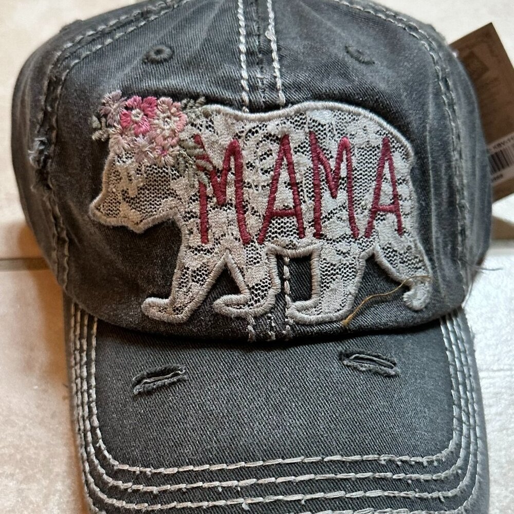 NWT KBETHOS Distressed Black Mama Bear Baseball Cap with adjustable closure